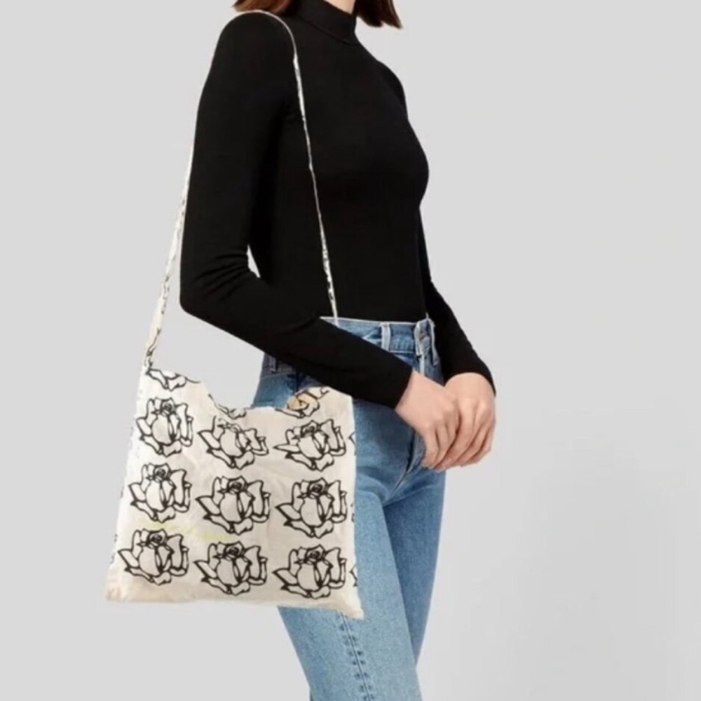 Freda Salvador black rose floral linen tote bag vacation travel lightweight